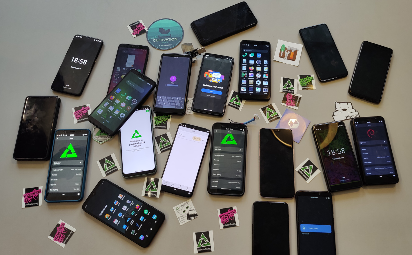 A pile of different phones running different Linux distros