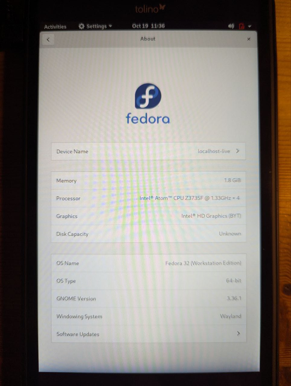 Tolino Tab 8 Fedora Linux About screen Tolino Tab 8 Fedora Linux About screen